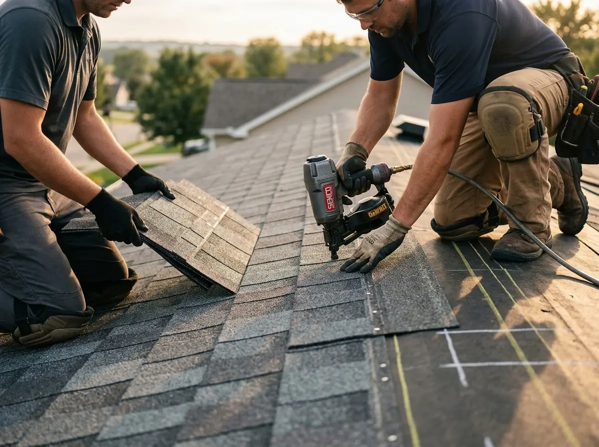 Professional roofer working on a residential roof in Choctaw